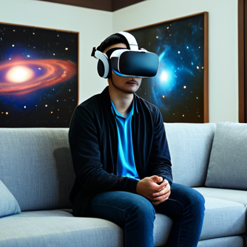 Home 4 A young adult, fully clothed in comfortable, modest attire, is seated on a modern sofa in a brightly lit living room, typical of a home in Kuala Lumpur. They are wearing a sleek, futuristic VR headset (like a Meta Quest 3), completely immersed. The virtual reality projection shows a breathtaking view of the Orion Nebula and distant galaxies swirling around them, seamlessly blending with the room's ambiance. Their expression is one of profound awe and wonder, hands slightly uplifted as if experiencing weightlessness or interacting with the cosmic environment. safe for work, appropriate content, fully clothed, family-friendly, perfect anatomy, correct proportions, natural pose, well-formed hands, proper finger count, natural body proportions, professional photography, cinematic lighting, high quality, realistic.