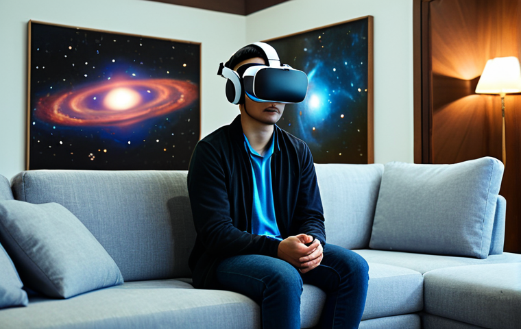 A young adult, fully clothed in comfortable, modest attire, is seated on a modern sofa in a brightly lit living room, typical of a home in Kuala Lumpur. They are wearing a sleek, futuristic VR headset (like a Meta Quest 3), completely immersed. The virtual reality projection shows a breathtaking view of the Orion Nebula and distant galaxies swirling around them, seamlessly blending with the room's ambiance. Their expression is one of profound awe and wonder, hands slightly uplifted as if experiencing weightlessness or interacting with the cosmic environment. safe for work, appropriate content, fully clothed, family-friendly, perfect anatomy, correct proportions, natural pose, well-formed hands, proper finger count, natural body proportions, professional photography, cinematic lighting, high quality, realistic.